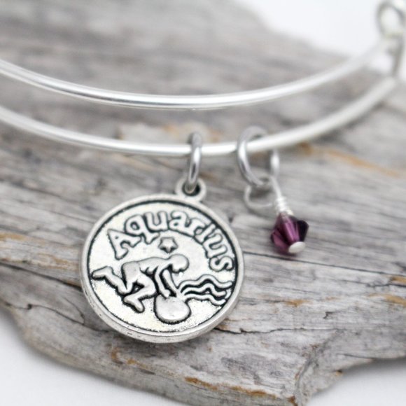 February Aquarius Adjustable Charm Bangle - Handmade Zodiac Bracelet - Picture 1 of 10